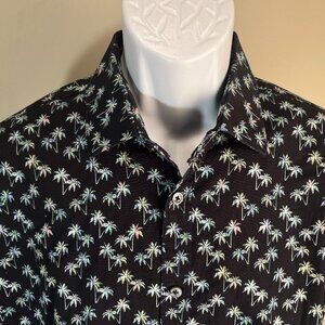 BUGATCHI Men's black with palm trees Comfort Stretch short sleeve shirt Large L